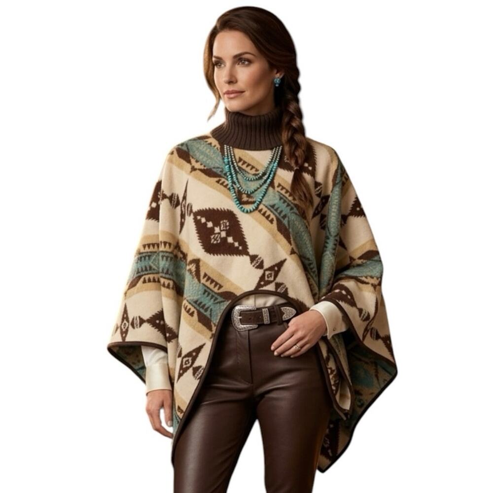 TASHA POLIZZI COLLECTION Women's Western Southwestern Poncho Coat Cowgirl Brown